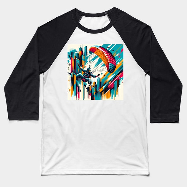 Metro Glide: Parachute Leap Above the City Baseball T-Shirt by heartyARTworks